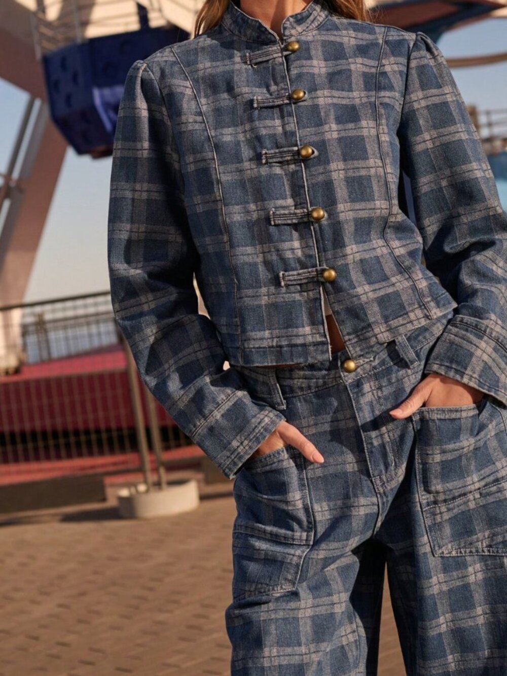 Blue Casual Women's Plaid Stand Collar Regular Fit Short Jacket - Picture 3 of 5